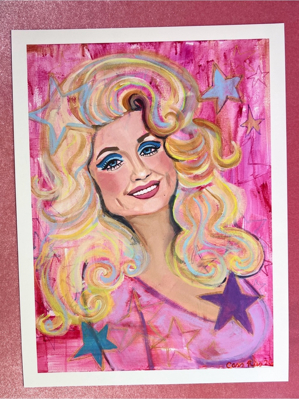 Dolly Parton star Pop Portrait fine Art Print in Pink 12 x 9 inches